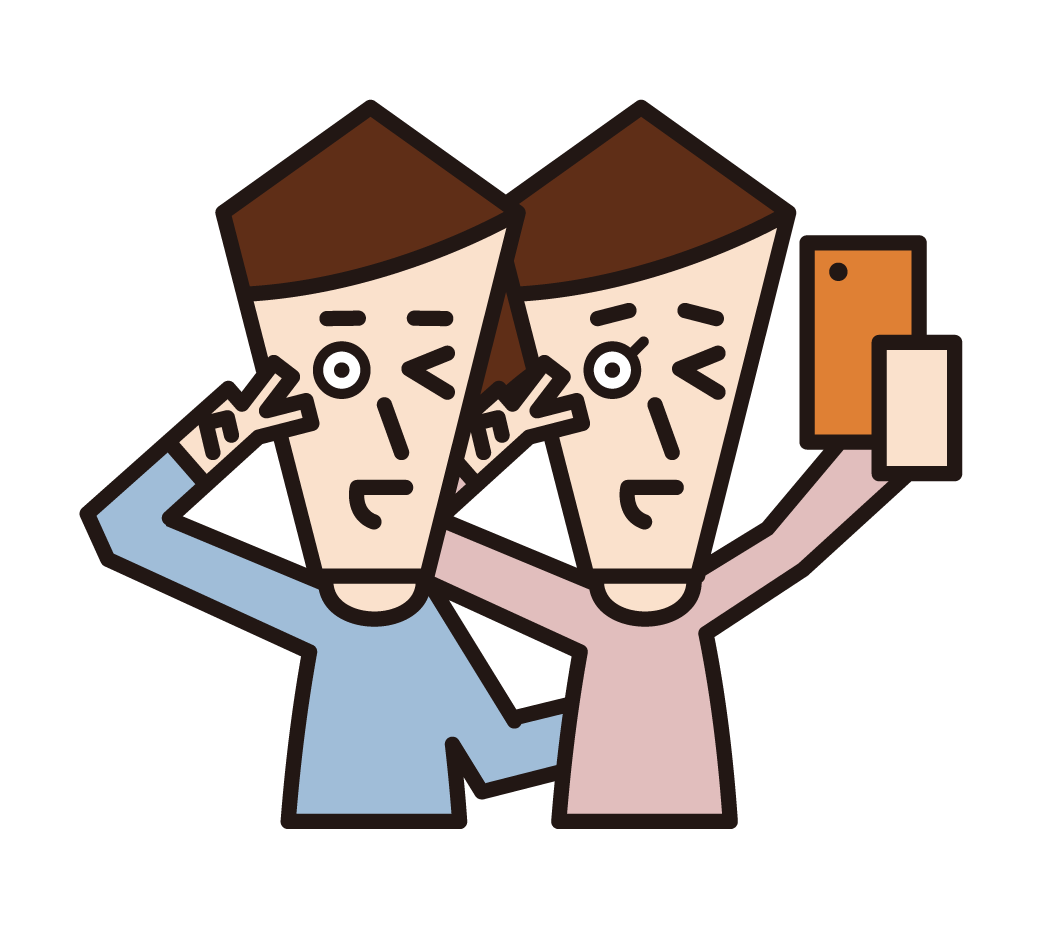 Illustration of a couple taking a picture of themselves with a smartphone