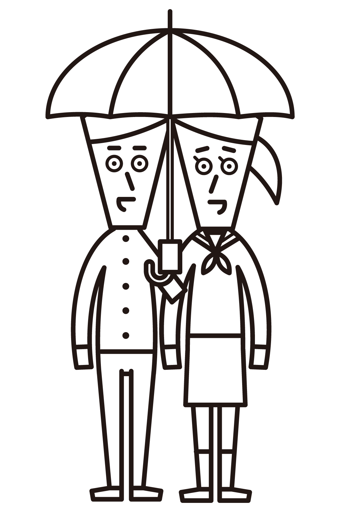 이것은 우산을 들고 고등학생과 중학생 부부의 그림입니다.