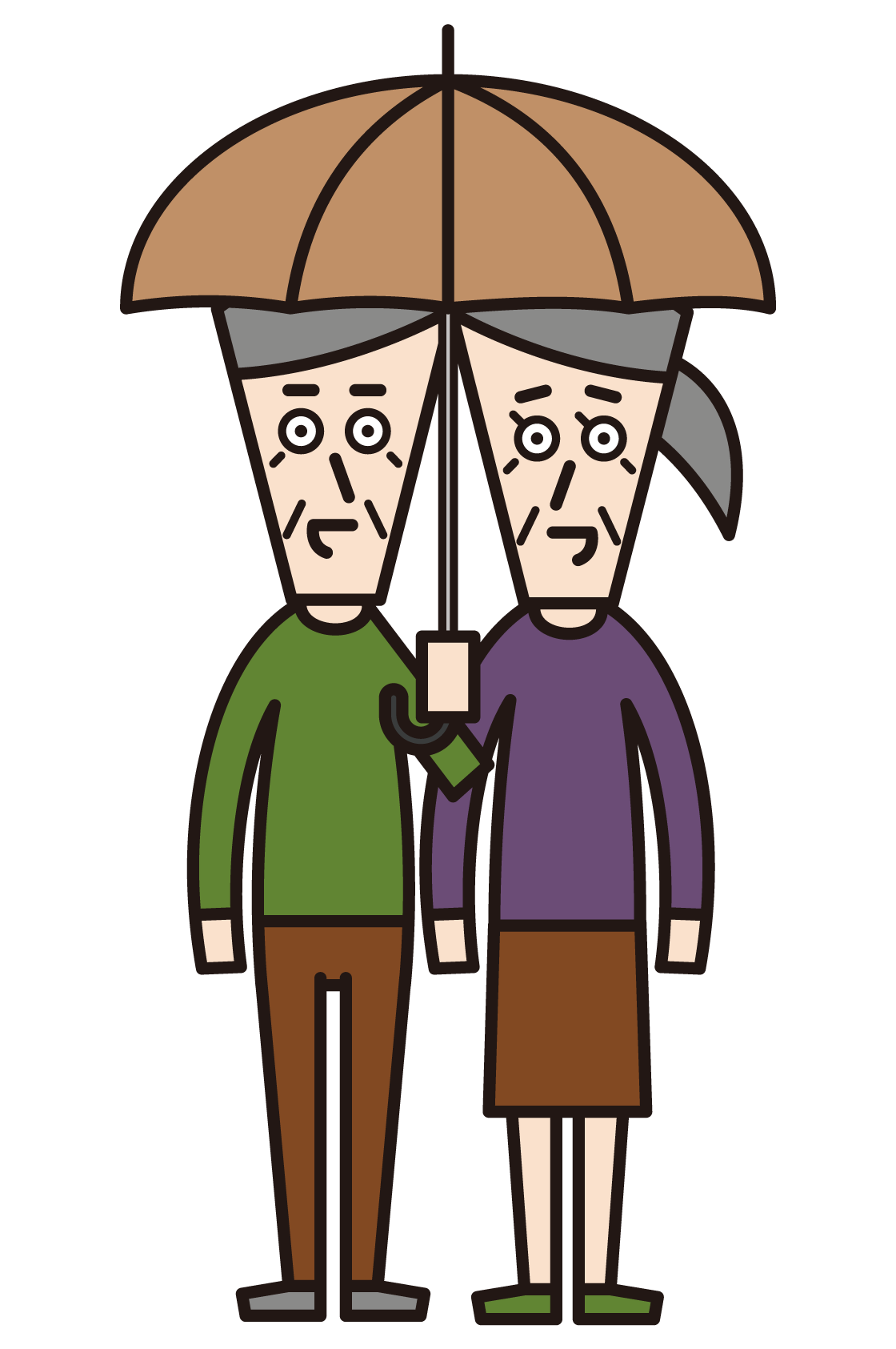 Illustration of an elderly couple holding an umbrella