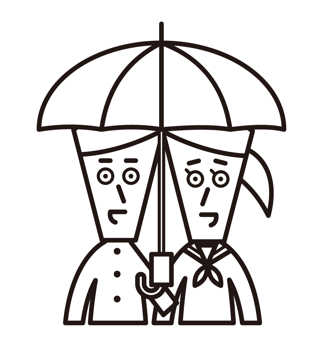 高中生夫婦和初中生夫婦的插圖，他們打傘