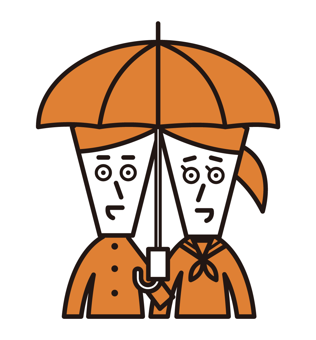 高中生夫婦和初中生夫婦的插圖，他們打傘