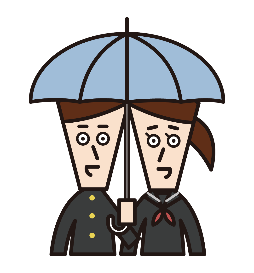 Illustration of a high school student couple and a junior high school student couple holding an aigo umbrella