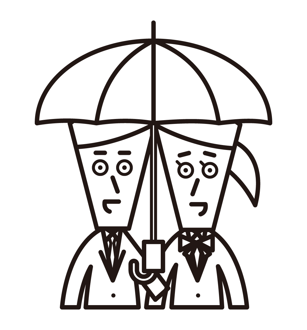아이고 우산을 들고 있는 고등학생 부부와 중학생 부부의 그림