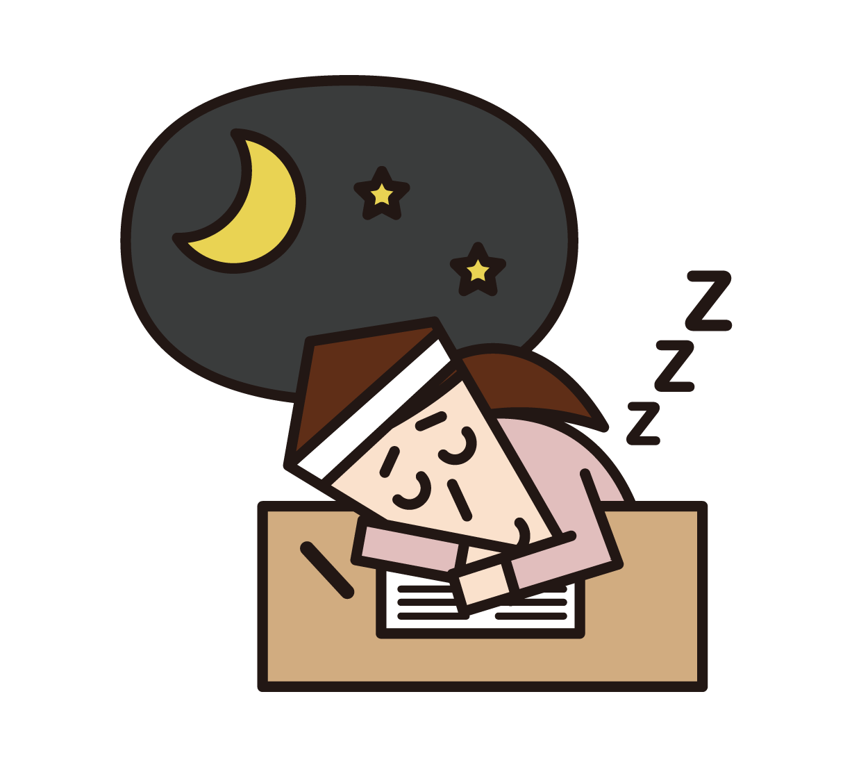 입시를 위해 공부하는 동안 피곤하고 자고있는 사람 (여성)의 삽화
