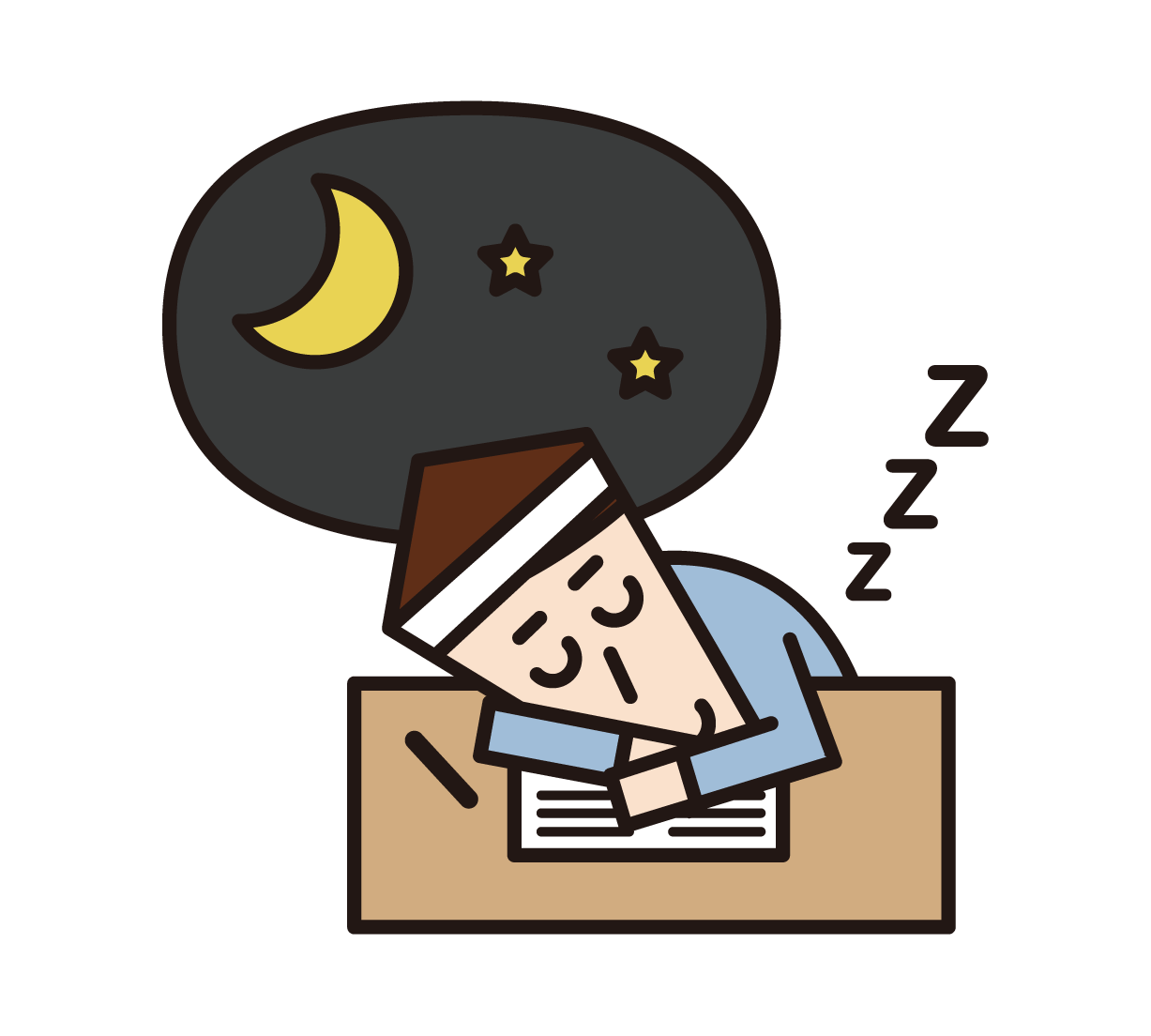입시를 위해 공부하는 동안 피곤하고 자고있는 사람 (여성)의 삽화