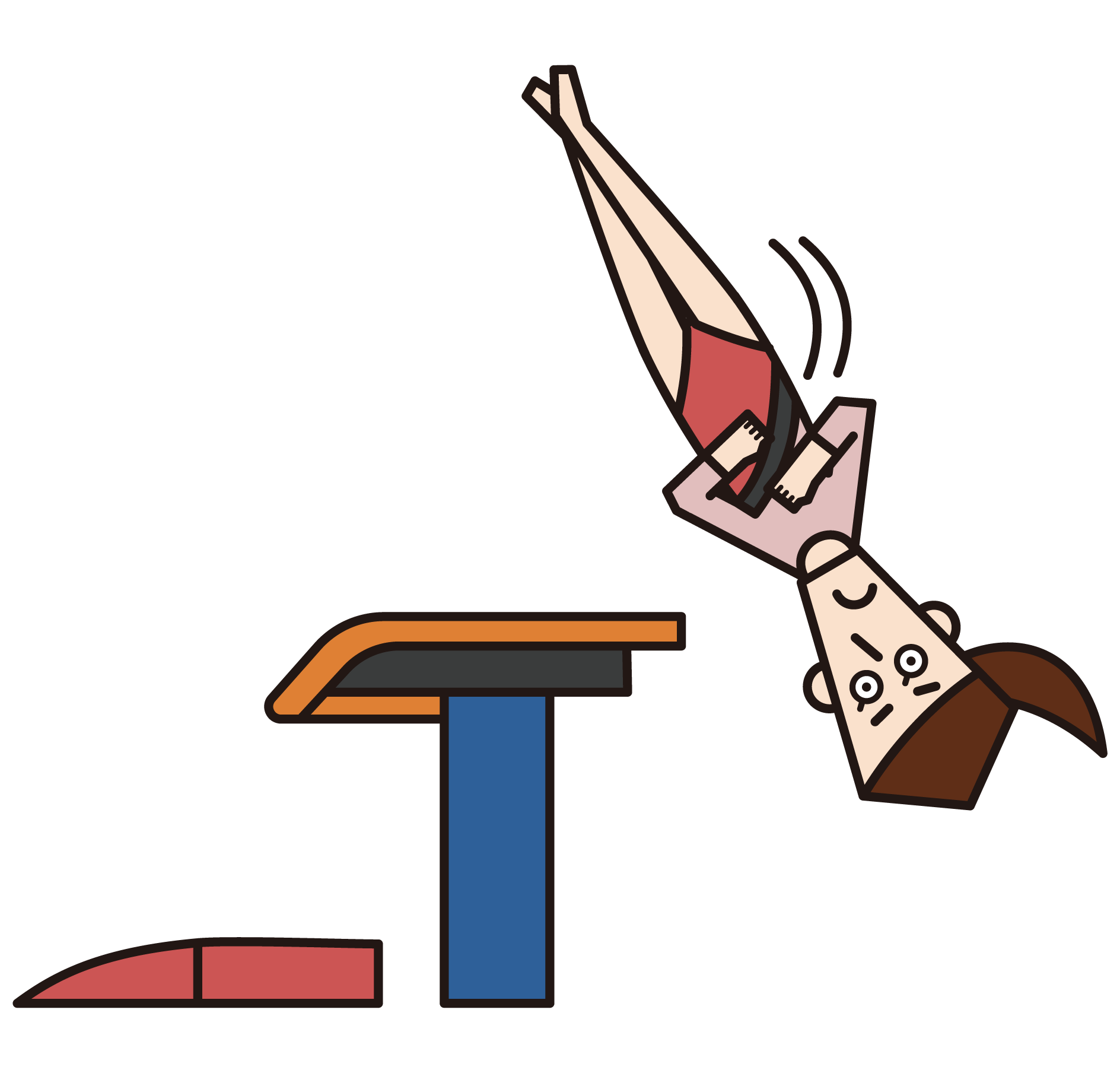 跳馬で空中ひねりをする体操選手（女性）のイラスト