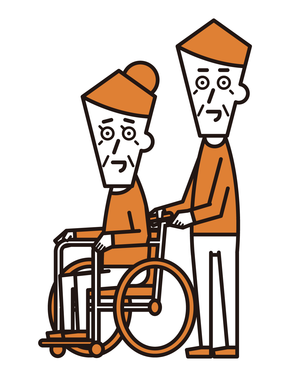 車椅子に乗っている人（おばあさん）と押す人（おじいさん）のイラスト