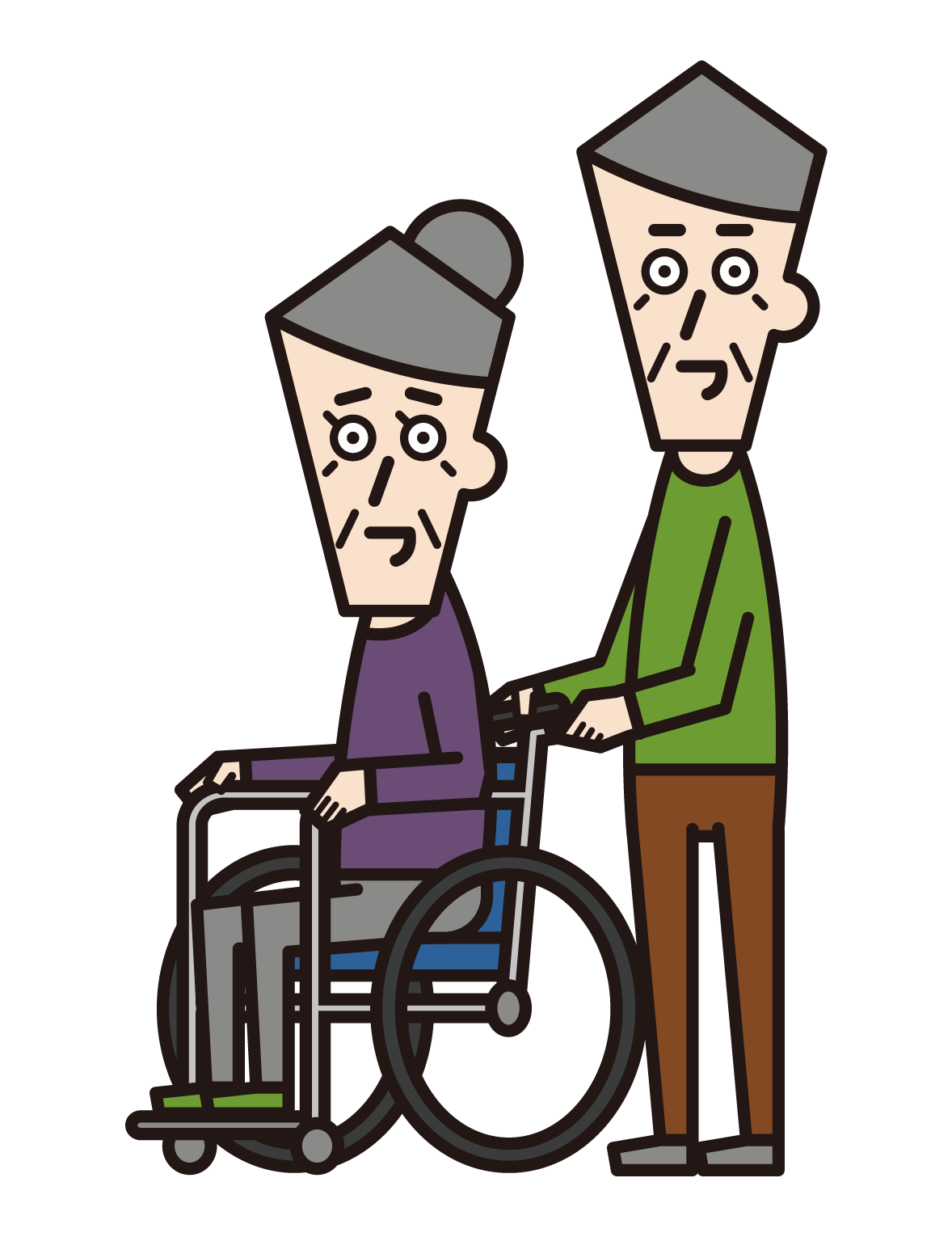 車椅子に乗っている人（おじいさん）と押す人（おばあさん）のイラスト