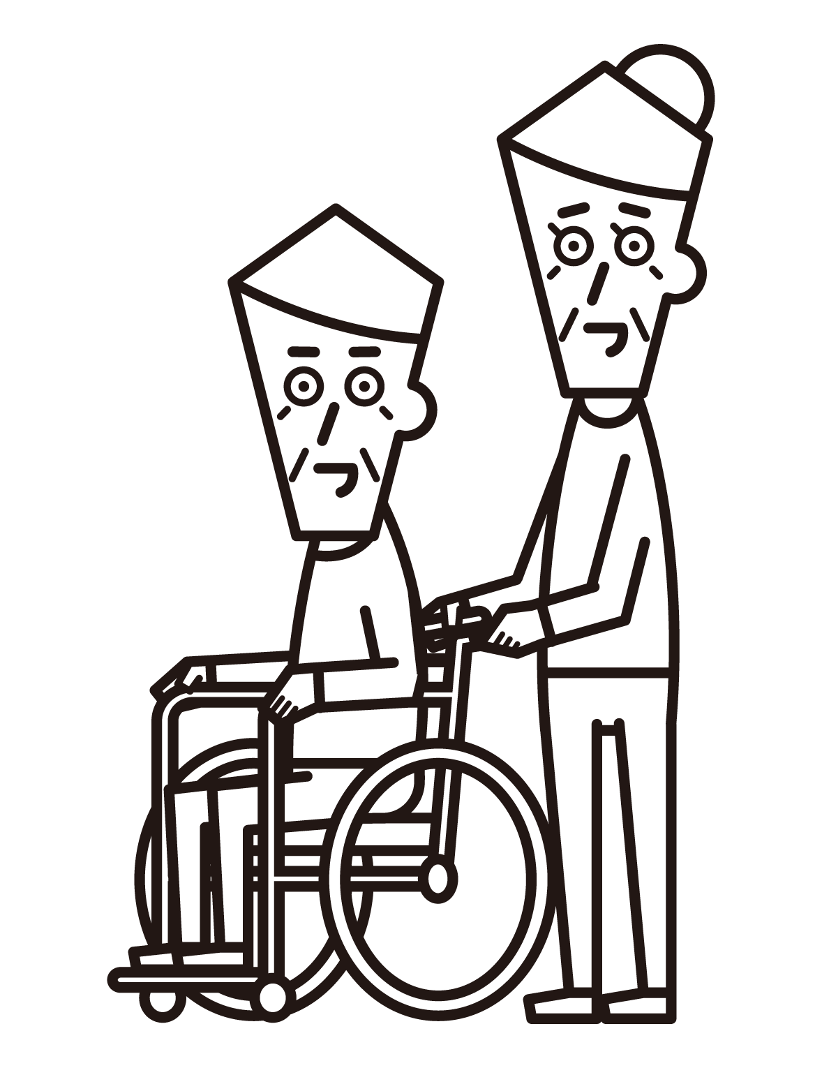 車椅子に乗っている人（おじいさん）と押す人（おばあさん）のイラスト