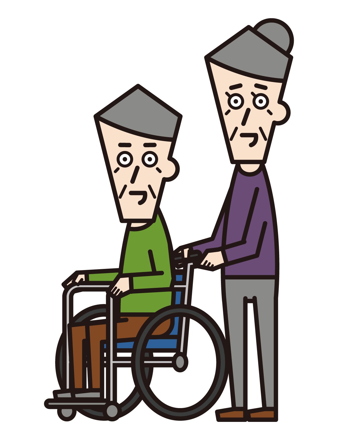 Illustration of a person in a wheelchair (grandfather) and a pusher (grandmother)