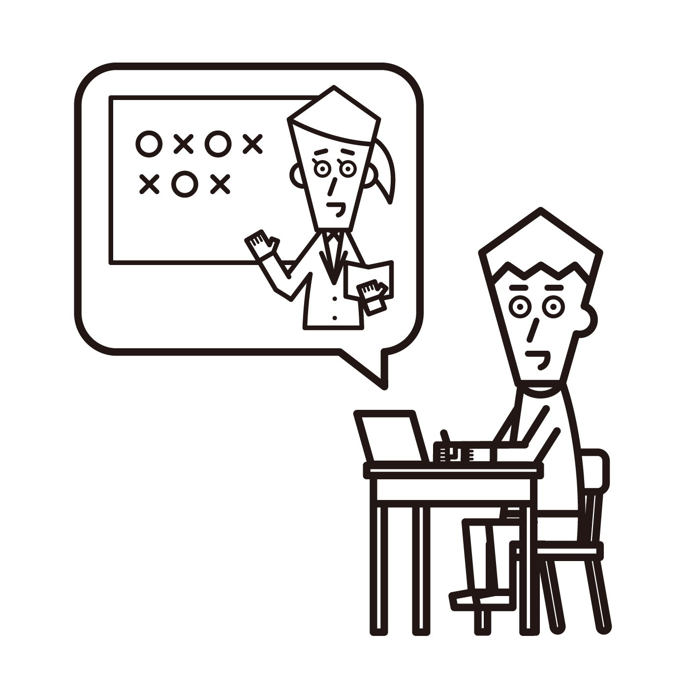 Illustration of a male elementary school student taking an online class