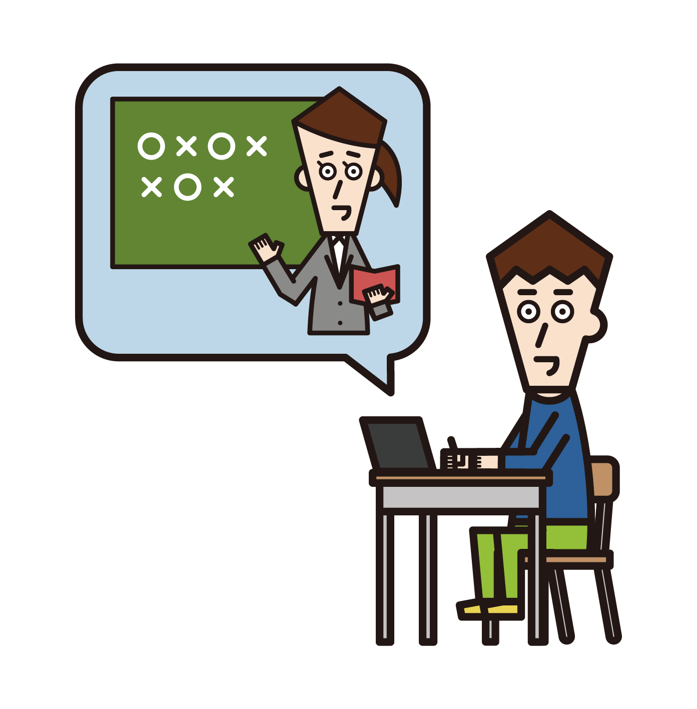 Illustration of a male elementary school student taking an online class