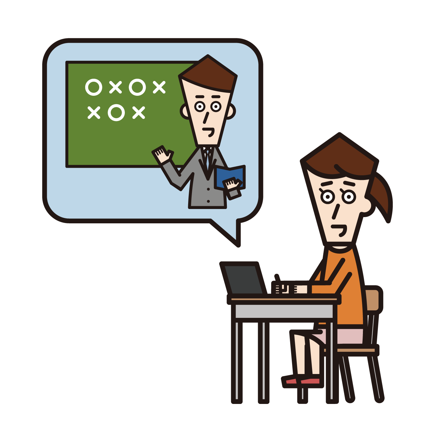 Illustration of a female elementary school student taking an online class