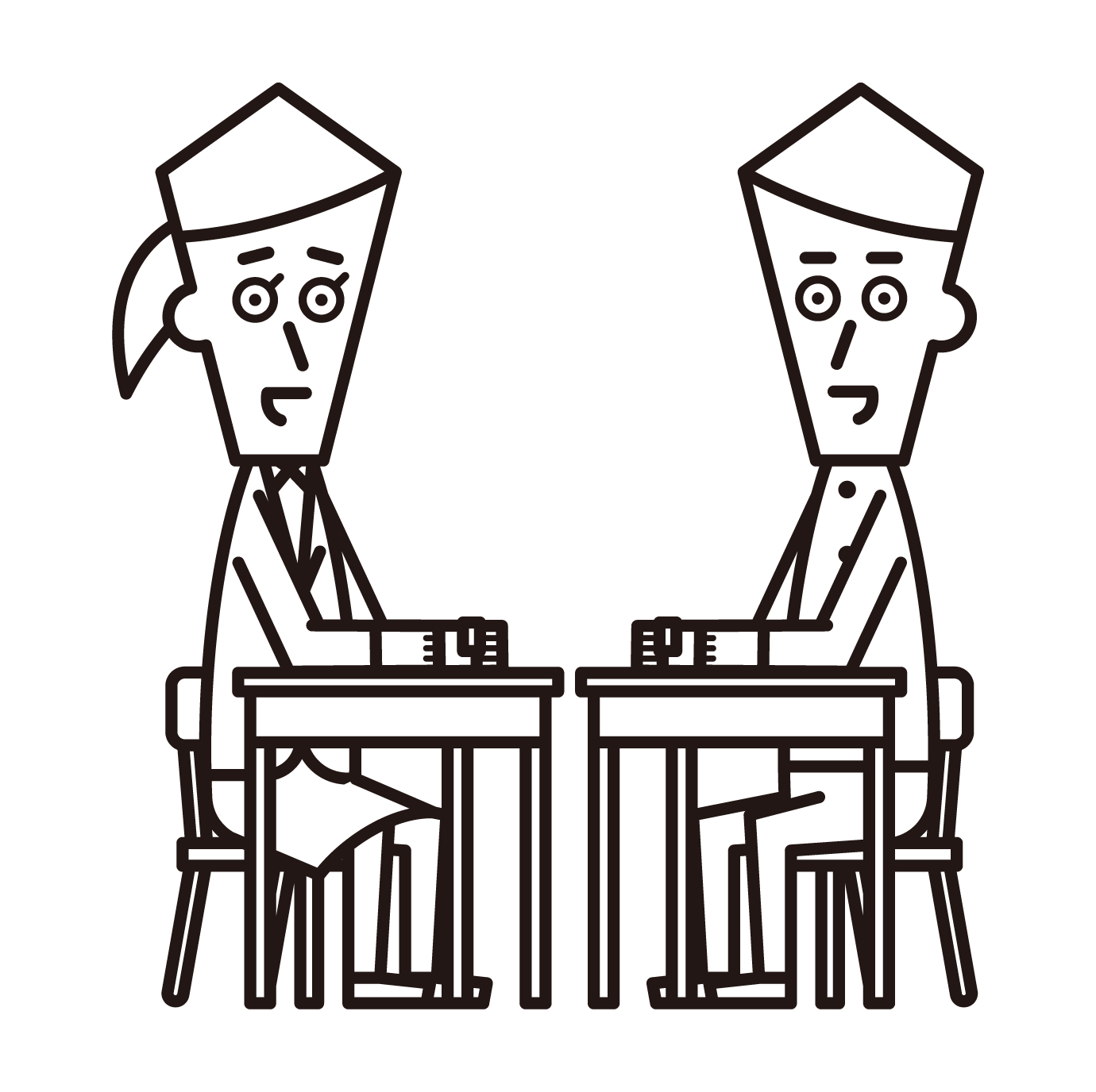 Illustration of a male high school student and a male junior high school student interviewing a teacher