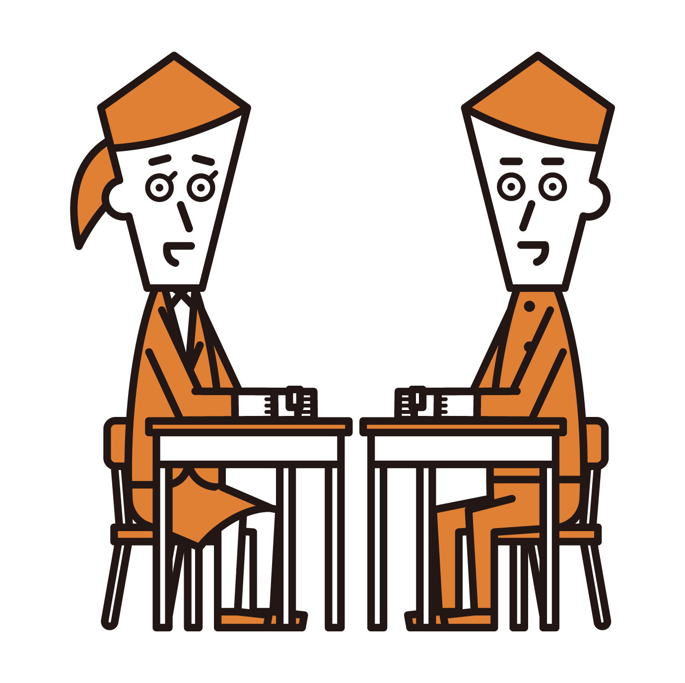 Illustration of a male high school student and a male junior high school student interviewing a teacher