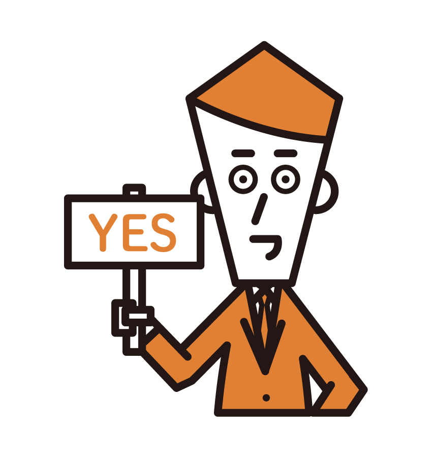 Illustration of a person (male) holding a message panel with YES written on it