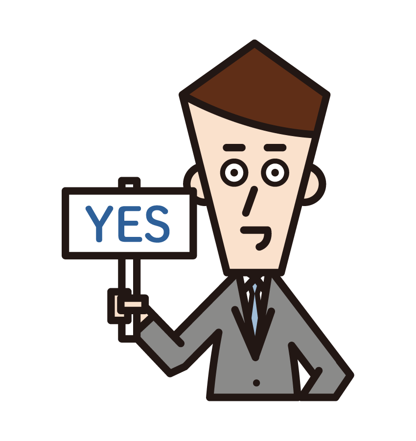 Illustration of a person (female) holding a message panel with YES written on it