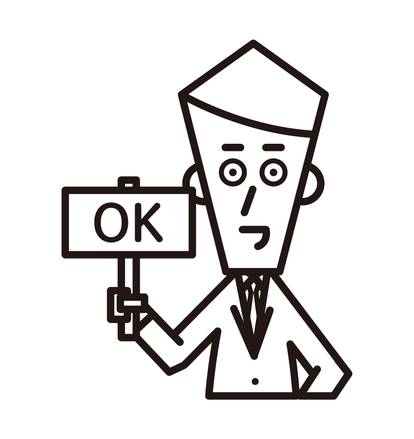 Illustration of a person (male) holding up a panel that said OK