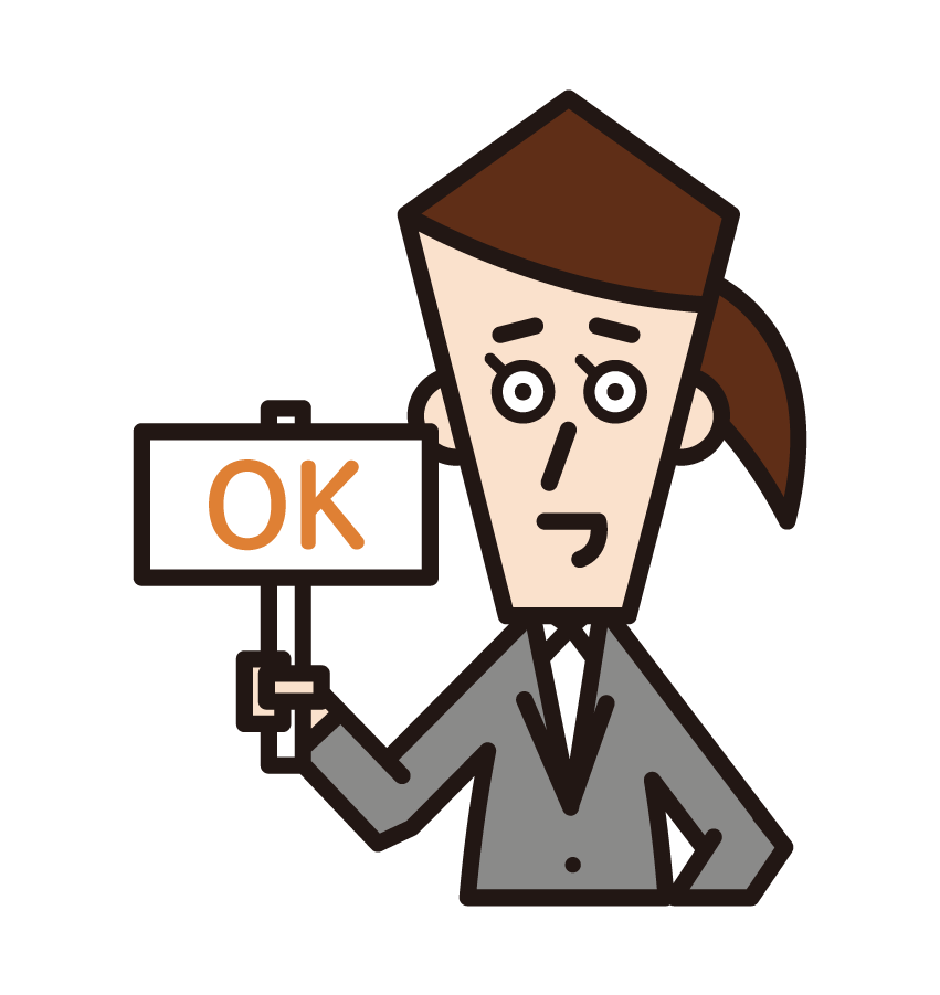 Illustration of a woman holding up a panel that said OK