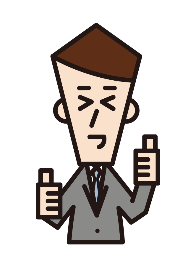 Illustration of a man (male) holding up the thumbs of both hands and praising