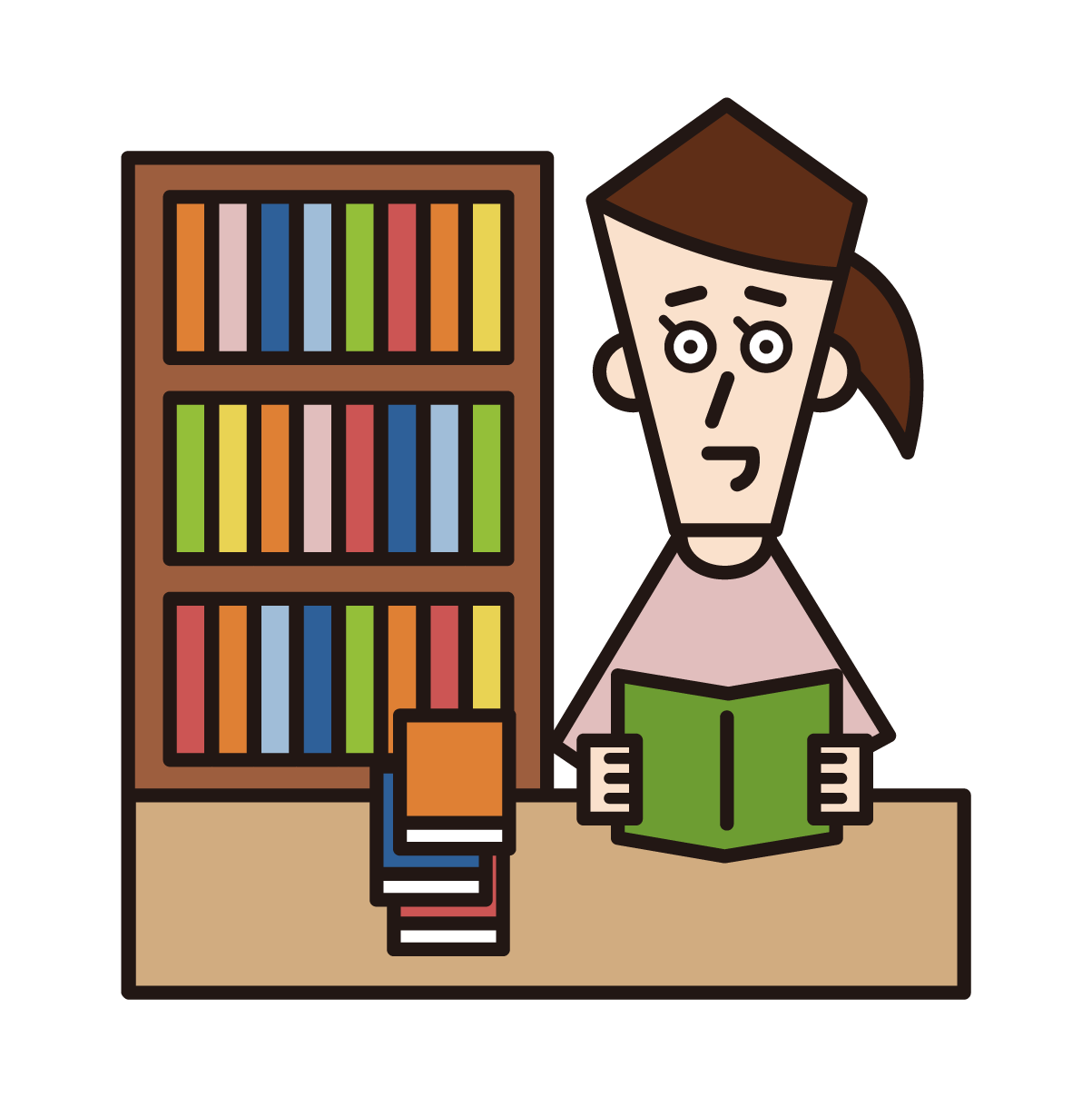 도서관에서 책을 읽는 여성의 삽화