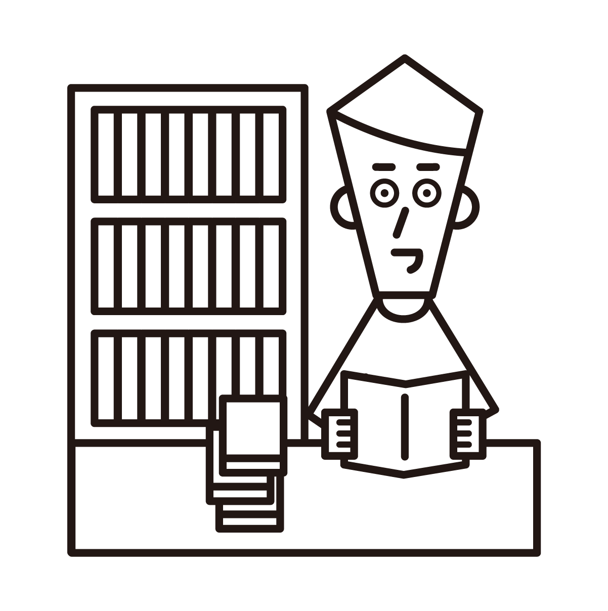 Illustration of a man reading a book in the library