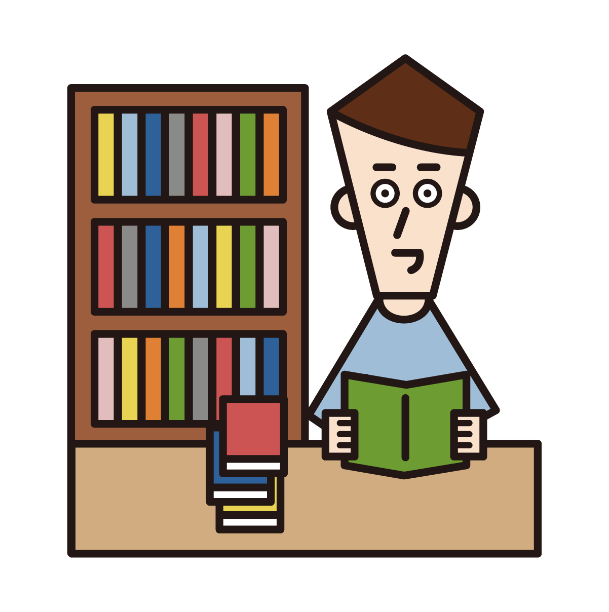 도서관에서 책을 읽는 한 남자의 삽화