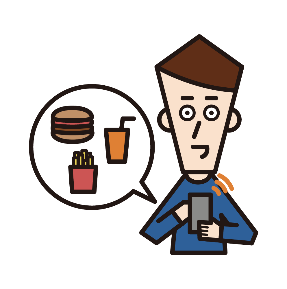 Illustration of a man (male) ordering food delivery online