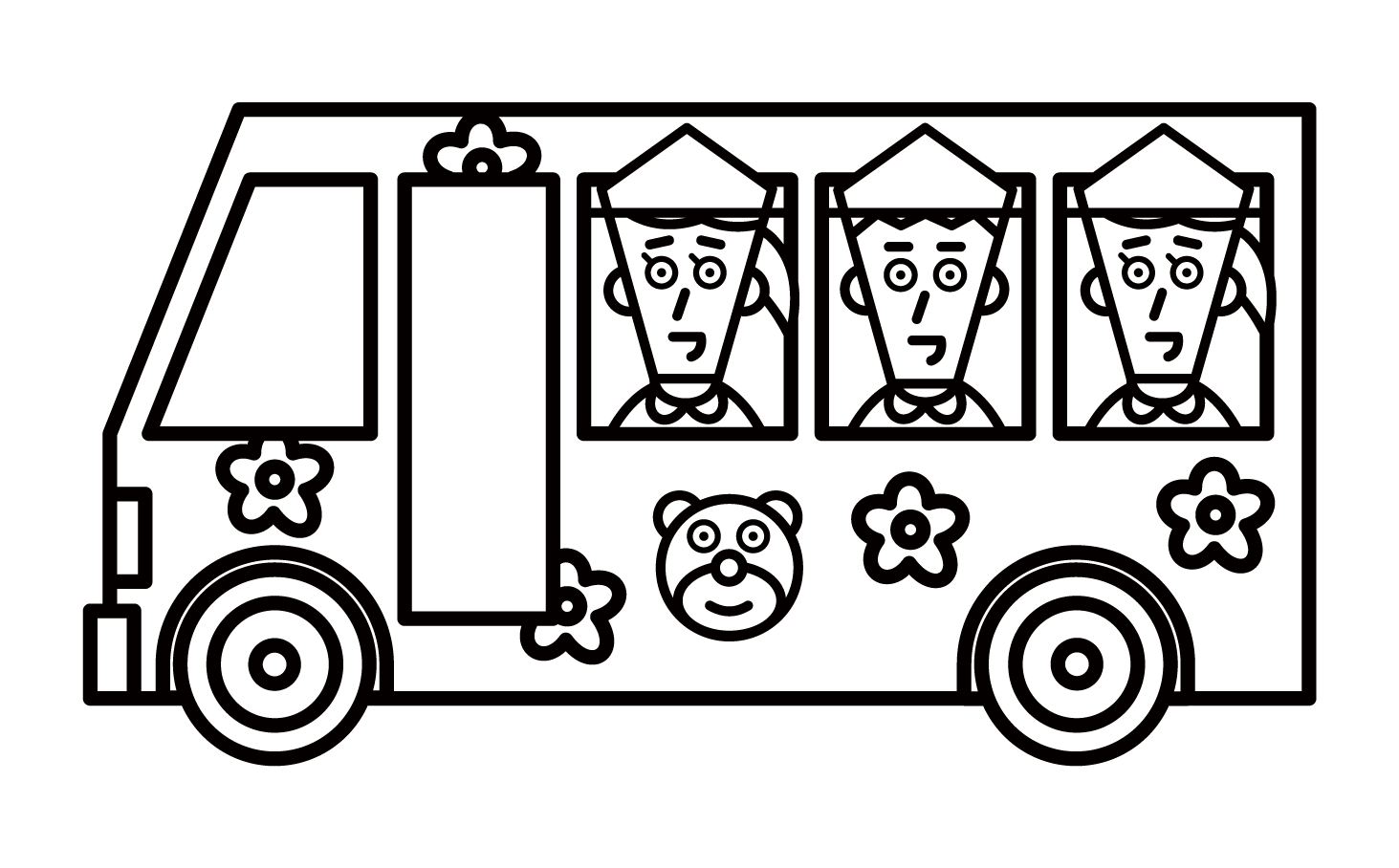 送迎バスに乗っている幼稚園児・保育園児たちのイラスト