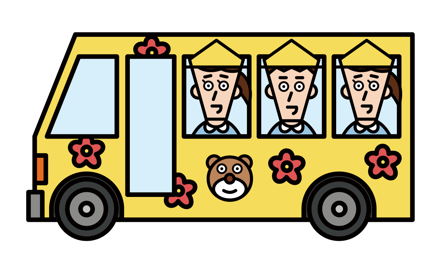 送迎バスに乗っている幼稚園児・保育園児たちのイラスト